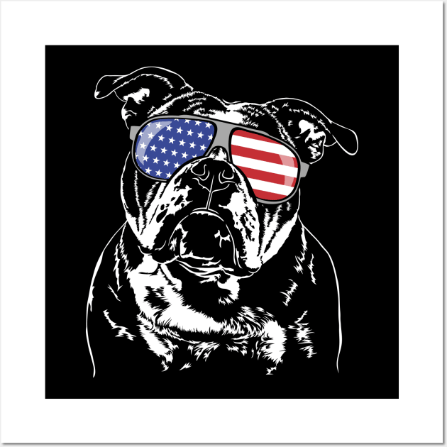 Funny Proud Old English Bulldog American Flag sunglasses dog Wall Art by wilsigns